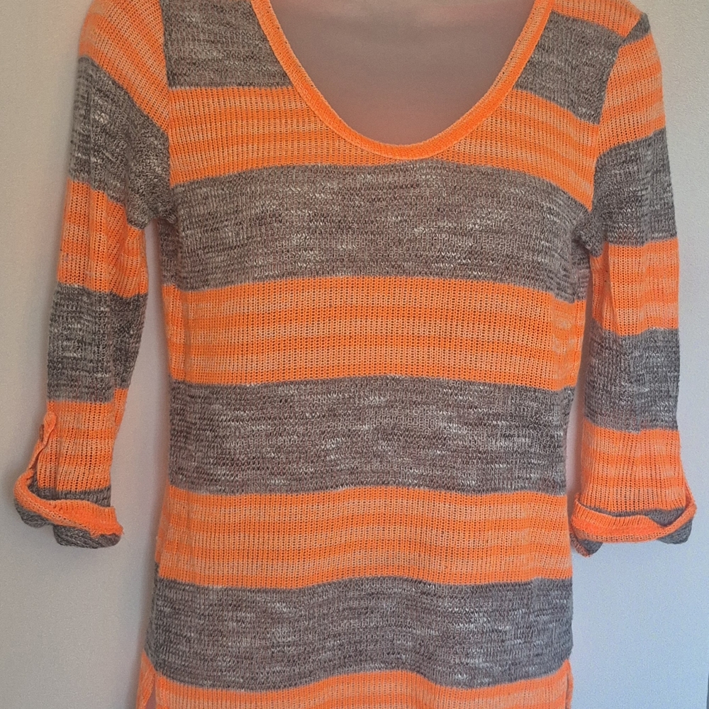 Women's Decibel Orange + Gray Y2k Striped Slim Fit Sweater 3/4 Sleeve